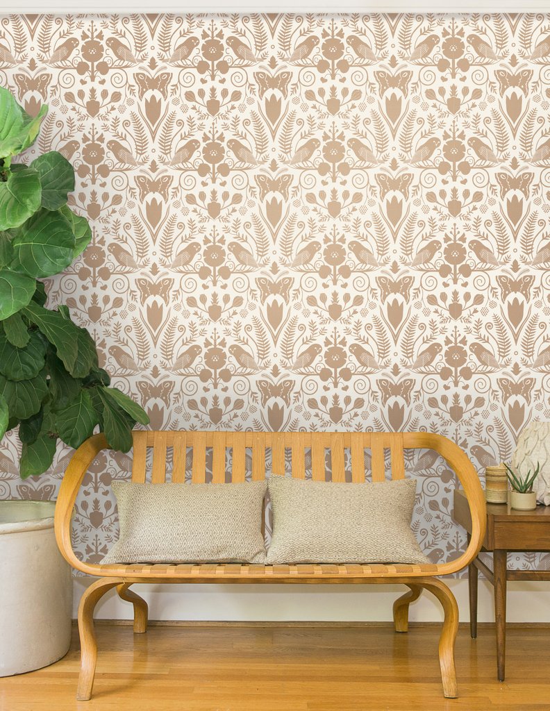 media image for Barn Owls and Hollyhocks Wallpaper in Rose Gold on Cream by Carson Ellis for Thatcher Studio 265