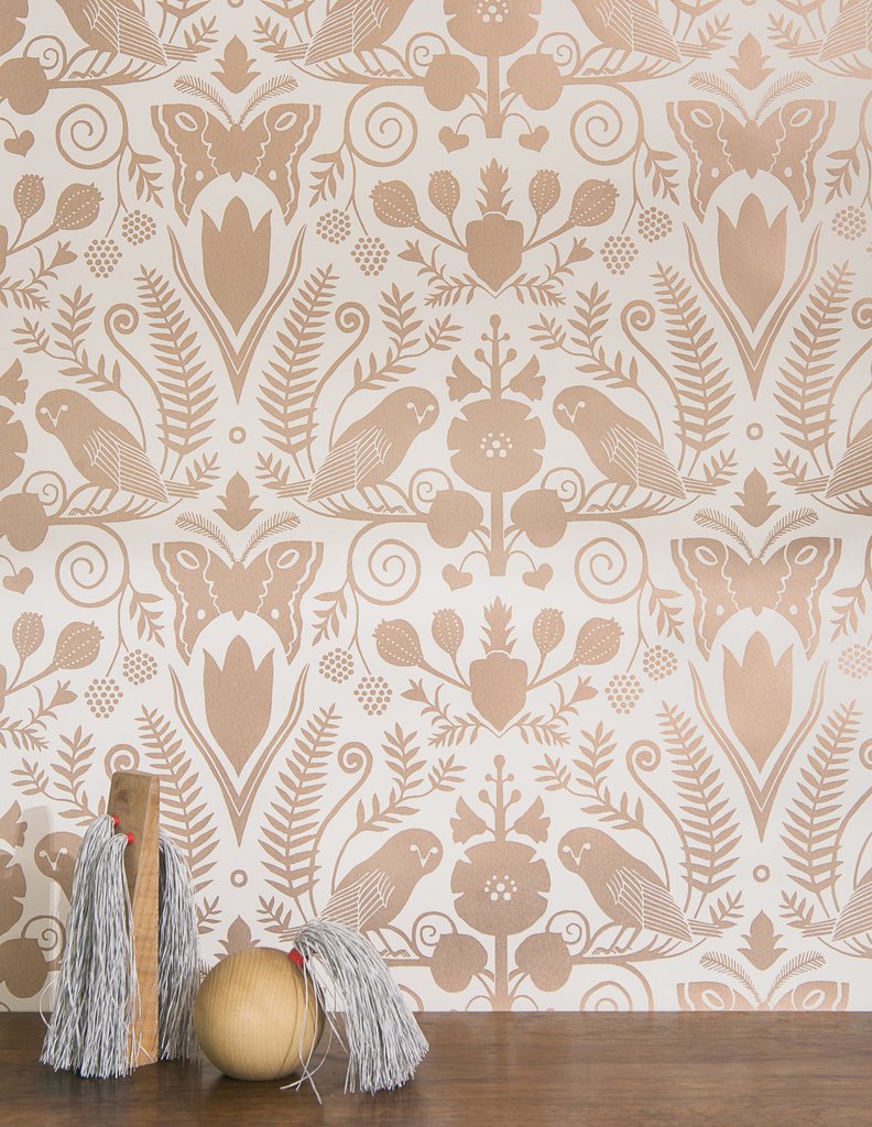 media image for Barn Owls and Hollyhocks Wallpaper in Rose Gold on Cream by Carson Ellis for Thatcher Studio 214