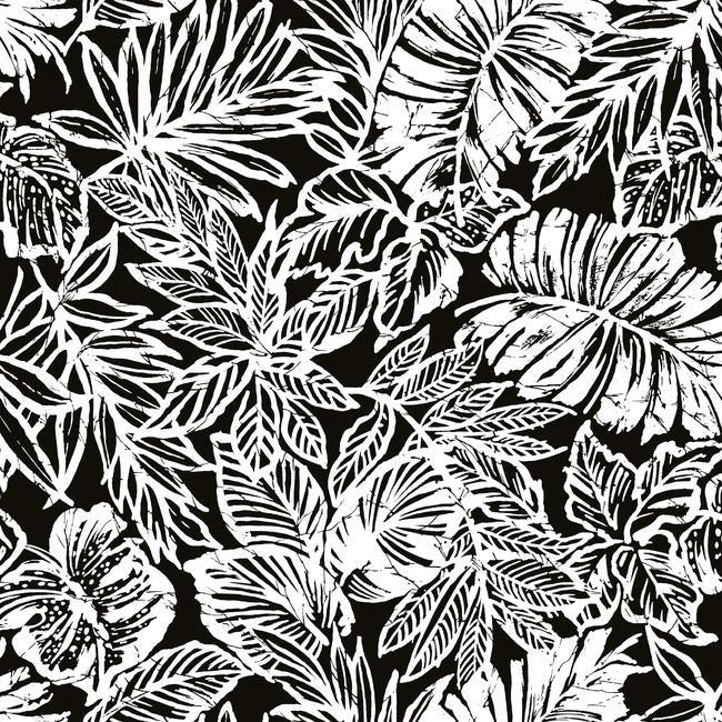 media image for sample batik tropical leaf peel stick wallpaper in black by roommates for york wallcoverings 1 274