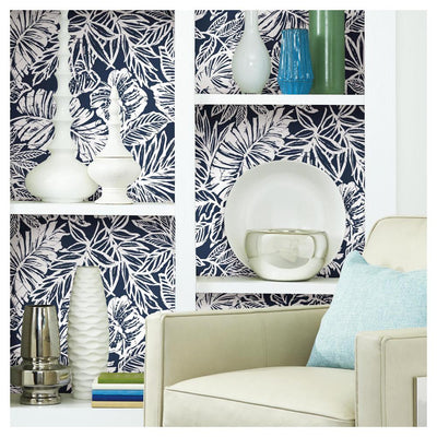 product image for Batik Tropical Leaf Peel & Stick Wallpaper in Blue by RoomMates for York Wallcoverings 82