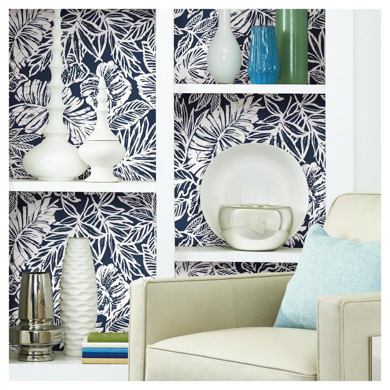 media image for Batik Tropical Leaf Peel & Stick Wallpaper in Blue by RoomMates for York Wallcoverings 287