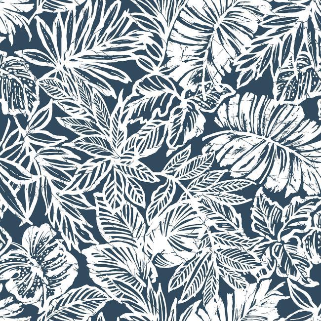 media image for sample batik tropical leaf peel stick wallpaper in blue by roommates for york wallcoverings 1 296