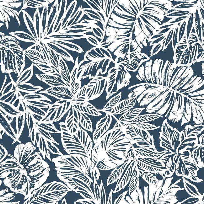 media image for Batik Tropical Leaf Peel & Stick Wallpaper in Blue by RoomMates for York Wallcoverings 240