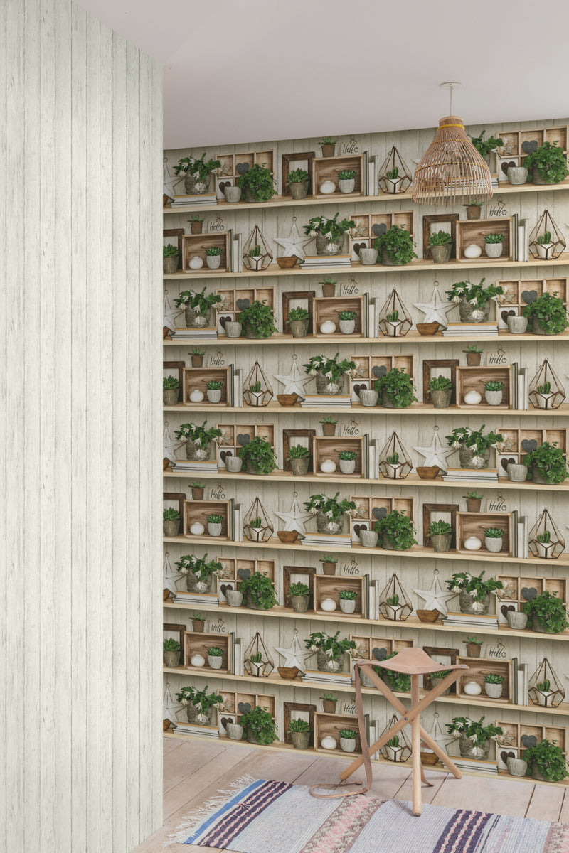 media image for Beige Succulent Shelves Wallpaper by Walls Republic 285