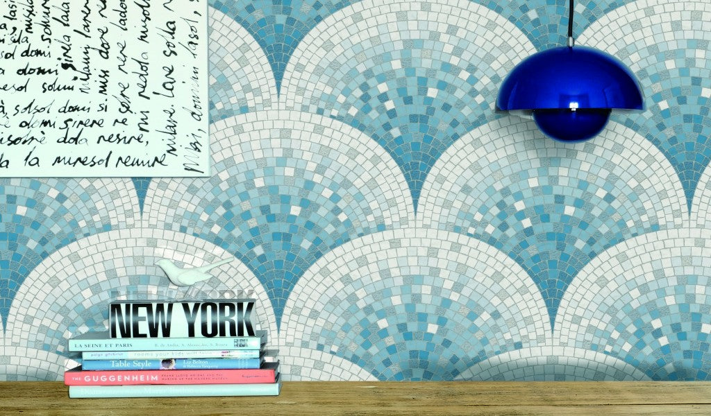 Shop Bella Textured Tile Effect Wallpaper in Pearl Blue and Ivory by BD