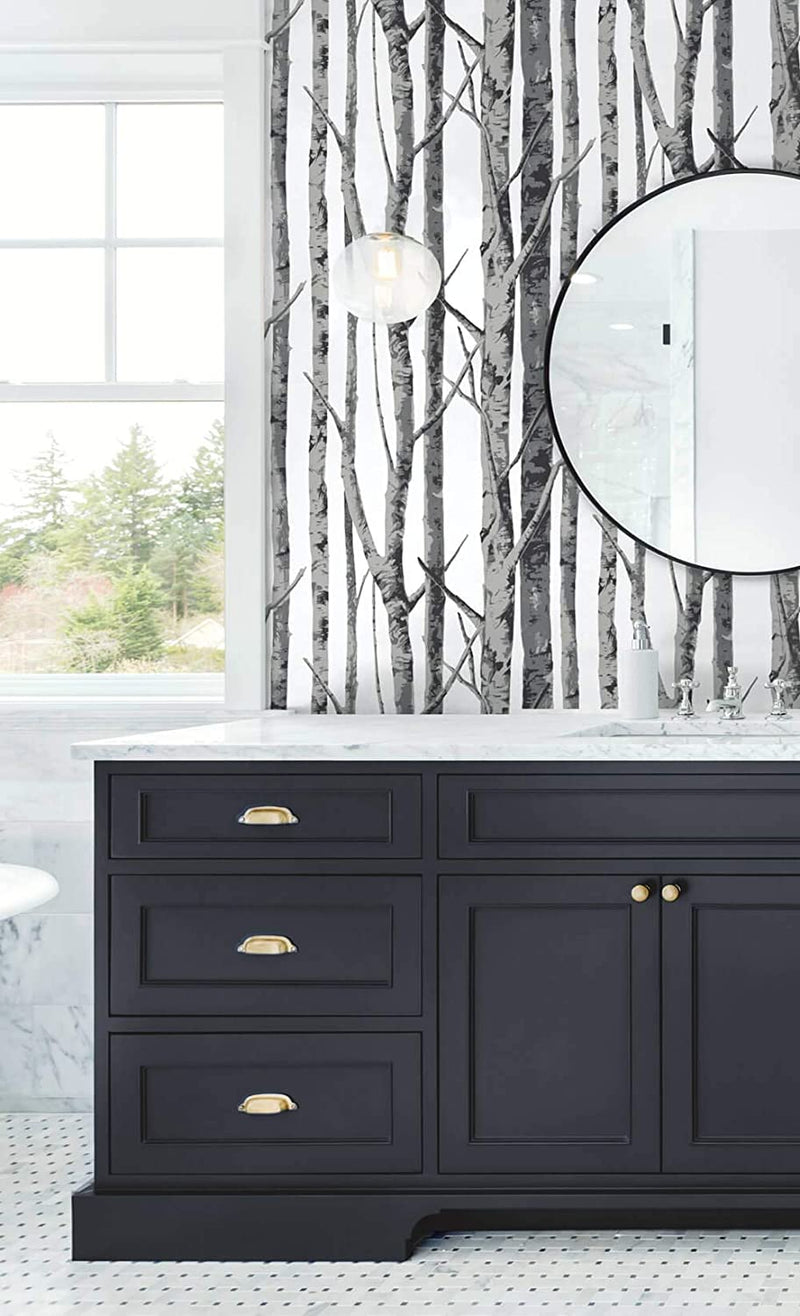 media image for Birch Trees Peel-and-Stick Wallpaper in Monochrome by NextWall 257