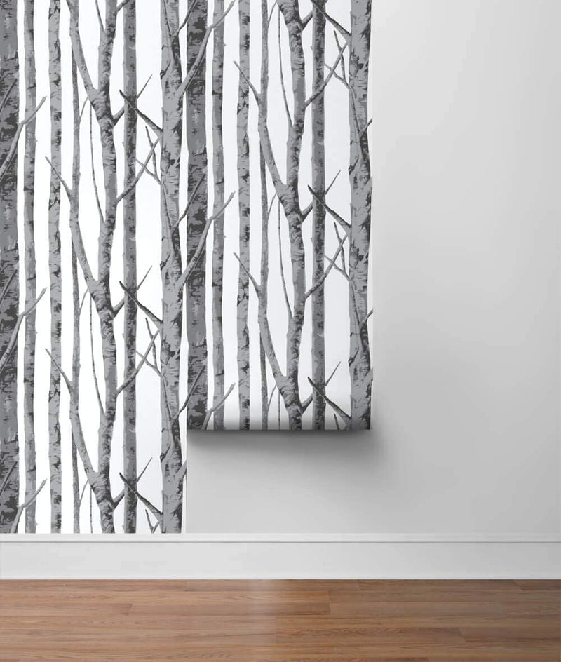 media image for Birch Trees Peel-and-Stick Wallpaper in Monochrome by NextWall 272