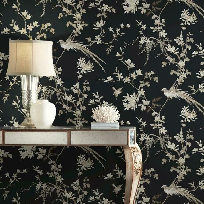 media image for Bird And Blossom Chinoserie Wallpaper in Black from the Ronald Redding 24 Karat Collection by York Wallcoverings 249