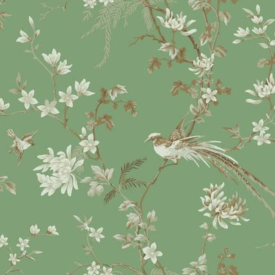 product image of Bird And Blossom Chinoserie Wallpaper in Green from the Ronald Redding 24 Karat Collection by York Wallcoverings 531