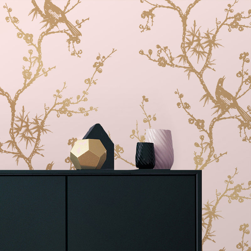 media image for Bird Watching Self Adhesive Wallpaper in Rose Pink and Gold by Cynthia Rowley for Tempaper 251