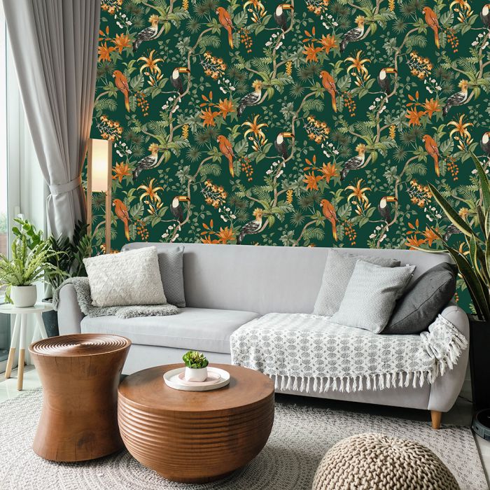 media image for Birds of Paradise Self-Adhesive Wallpaper in Rainforest Green by Tempaper 22