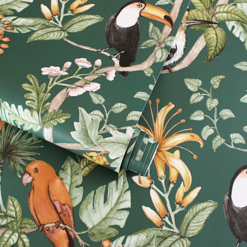 media image for Birds of Paradise Self-Adhesive Wallpaper in Rainforest Green by Tempaper 220