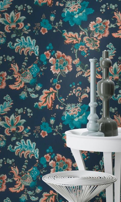 product image for Hand Painted Fantasy Floral Blossoms Blue Wallpaper by Walls Republic 51