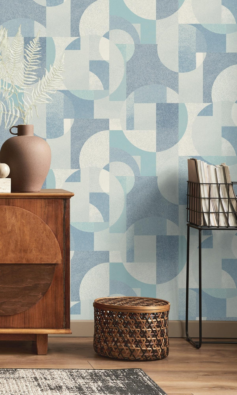 media image for Retro Abstract Shapes Blue Geometric Wallpaper by Walls Republic 295