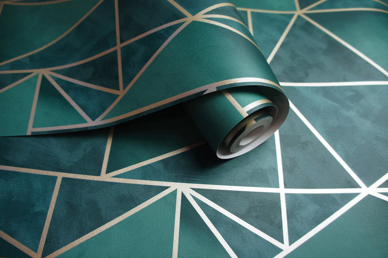 media image for Bohemian Metallic Triangles Wallpaper in Green and Gold by Walls Republic 289