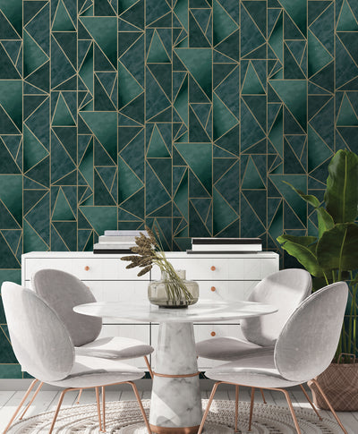product image for Bohemian Metallic Triangles Wallpaper in Green and Gold by Walls Republic 65