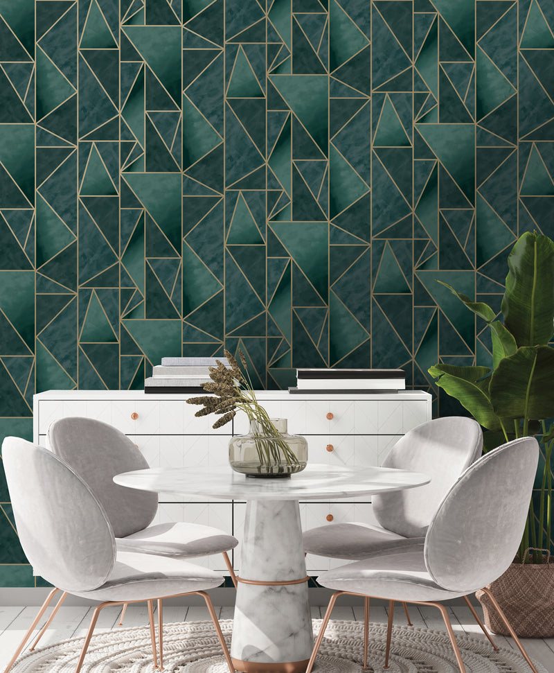 media image for Bohemian Metallic Triangles Wallpaper in Green and Gold by Walls Republic 277
