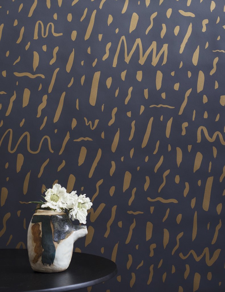 media image for sample bomba wallpaper in gold on charcoal design by juju 1 298