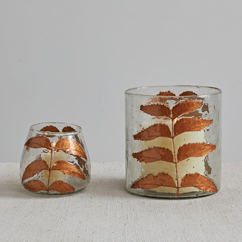 media image for Glass Candle Holder w/ Embedded Natural Neem Leaves 226