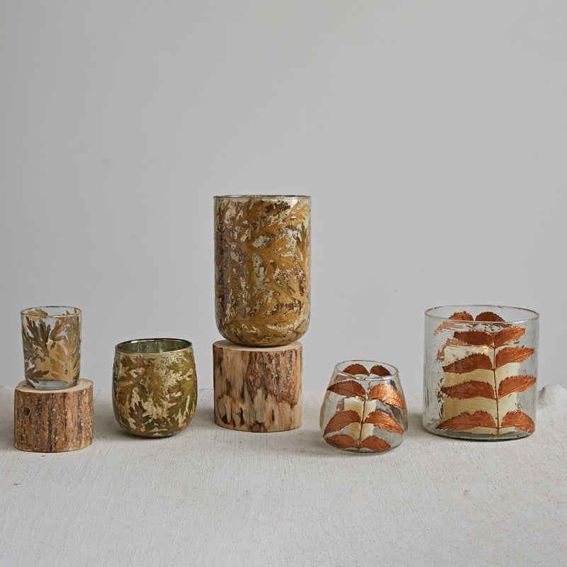 media image for Glass Candle Holder w/ Embedded Natural Neem Leaves 239