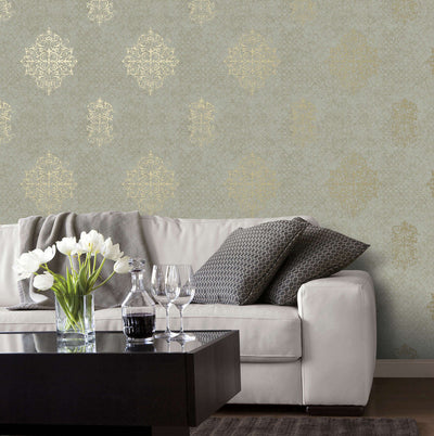 product image for Damask Mottled Wallpaper in Grey/Gold 32
