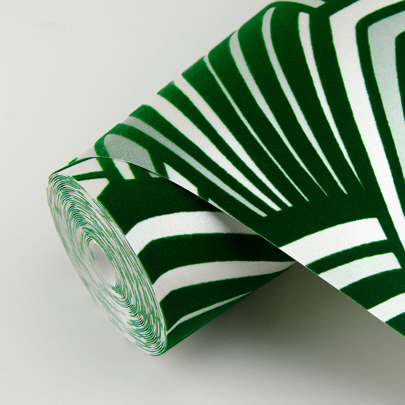 media image for Cabarita Art Deco Flocked Leaves Wallpaper in Green from the Pacifica Collection by Brewster Home Fashions 215