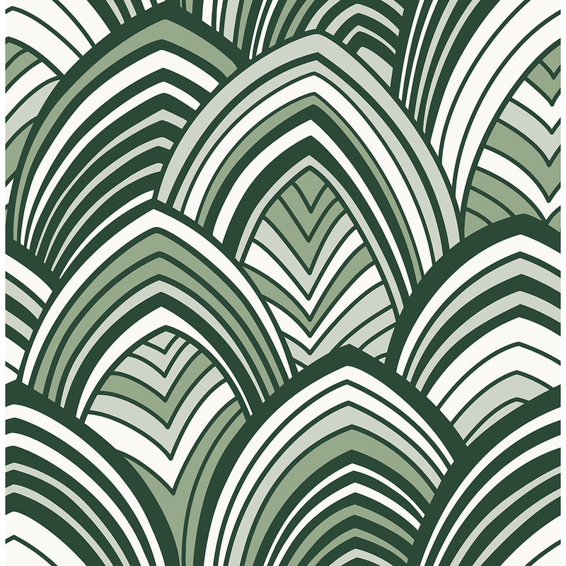 media image for Cabarita Art Deco Flocked Leaves Wallpaper in Green from the Pacifica Collection by Brewster Home Fashions 214