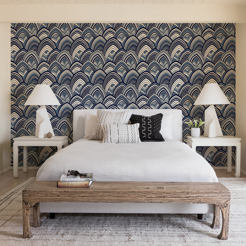 media image for Cabarita Art Deco Flocked Leaves Wallpaper in Indigo from the Pacifica Collection by Brewster Home Fashions 262
