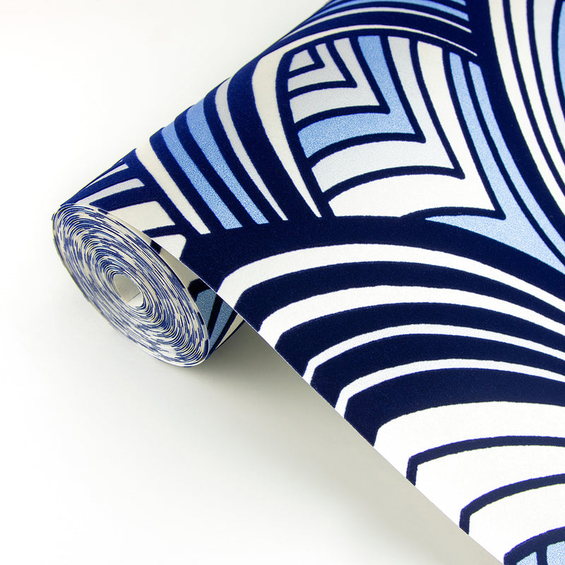 media image for Cabarita Art Deco Flocked Leaves Wallpaper in Indigo from the Pacifica Collection by Brewster Home Fashions 233