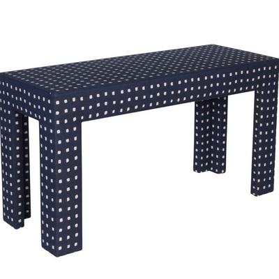 product image of Caroline Parsons Desk in Sunbrella Squares Indigo design by Moss Studio 525