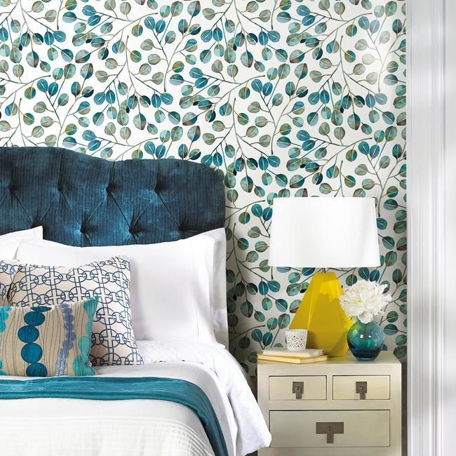media image for Cat Coquillette Eucalyptus Peel & Stick Wallpaper in Teal by RoomMates for York Wallcoverings 283