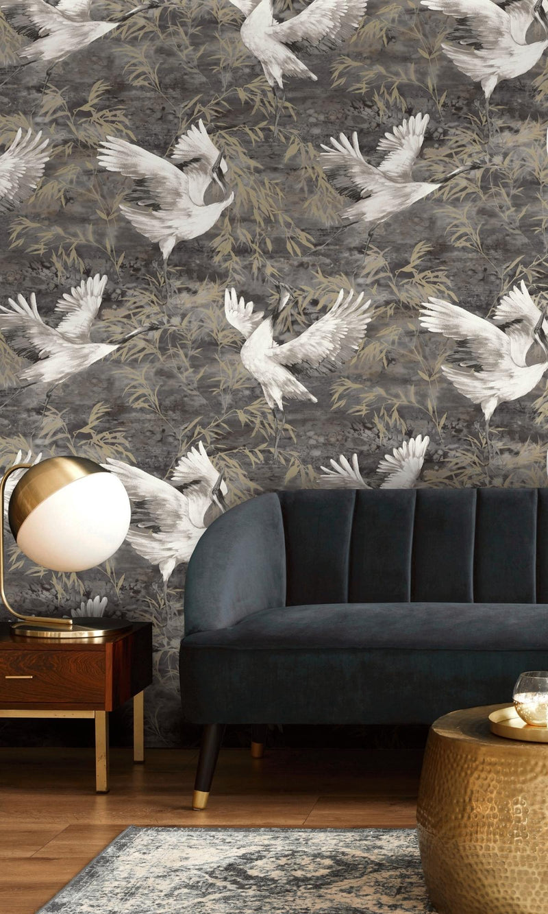 media image for Charcoal Sarus Crane in the Field Metallic Wallpaper by Walls Republic 217