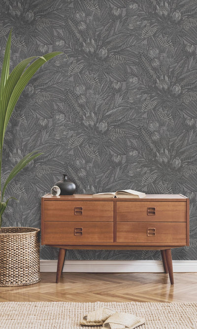 product image for Bold Leaves and Protea Flowers Charcoal Tropical Wallpaper by Walls Republic 47