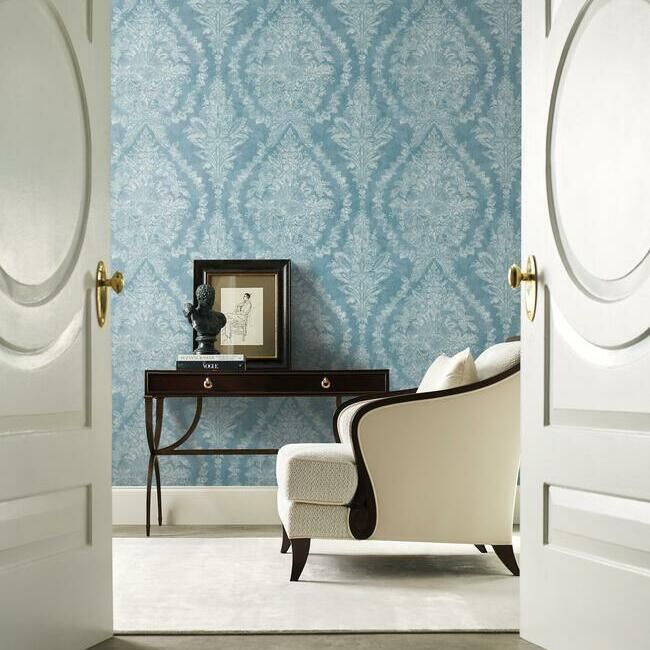 media image for Charleston Damask Wallpaper in Blue from the Ronald Redding 24 Karat Collection by York Wallcoverings 236