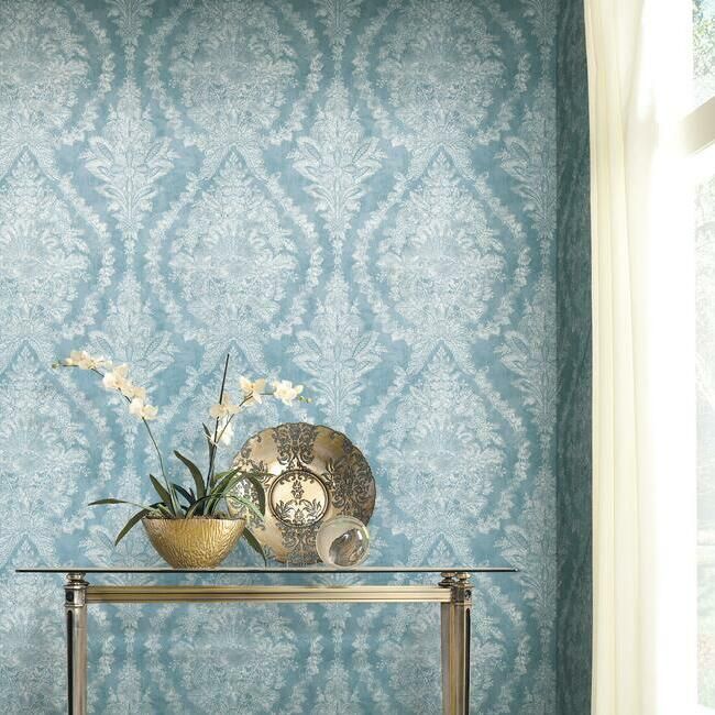 media image for Charleston Damask Wallpaper in Blue from the Ronald Redding 24 Karat Collection by York Wallcoverings 242