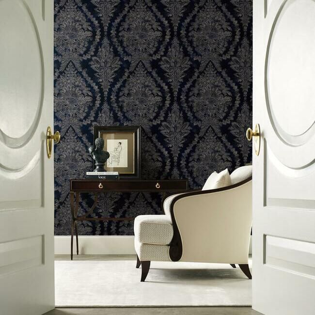 media image for Charleston Damask Wallpaper in Navy from the Ronald Redding 24 Karat Collection by York Wallcoverings 295