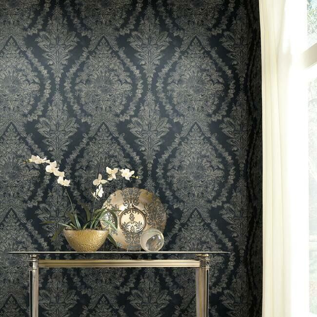 media image for Charleston Damask Wallpaper in Navy from the Ronald Redding 24 Karat Collection by York Wallcoverings 277