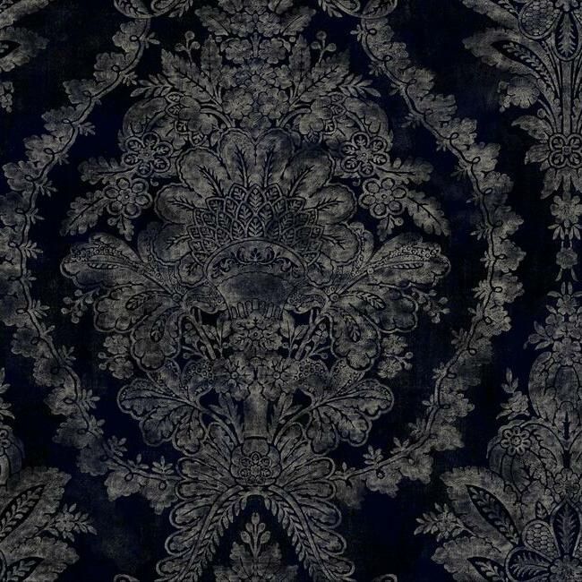 media image for Charleston Damask Wallpaper in Navy from the Ronald Redding 24 Karat Collection by York Wallcoverings 219
