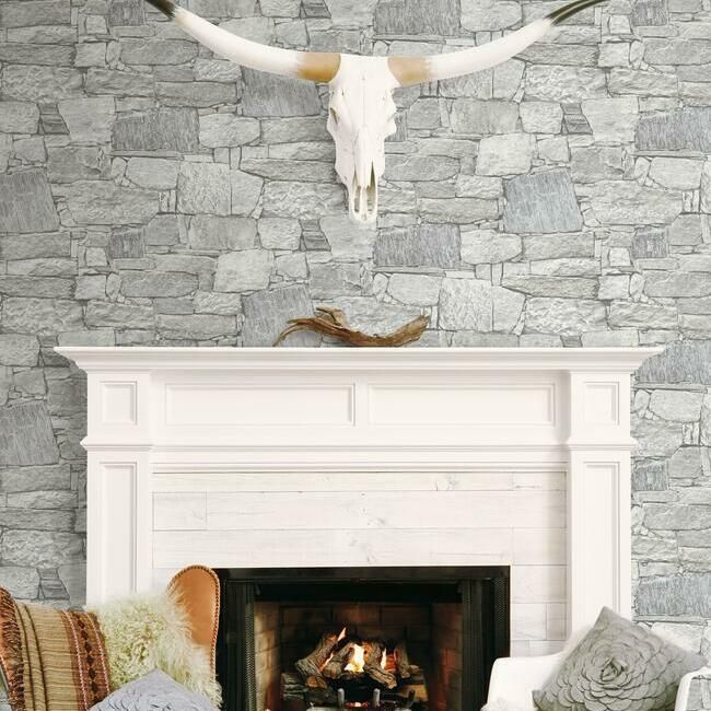 media image for Chateau Stone Peel & Stick Wallpaper in Smoke from the Stonecraft Collection by York Wallcoverings 244