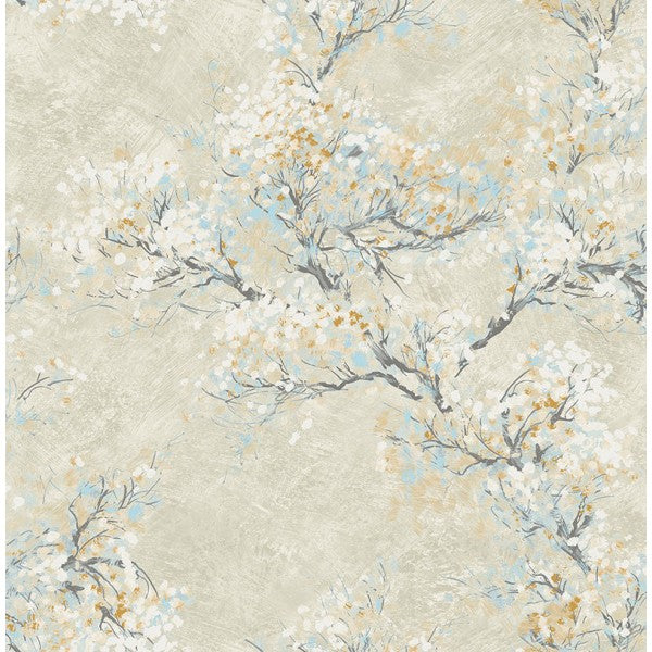 media image for sample cherry blossom wallpaper in tan and blue from the french impressionist collection by seabrook wallcoverings 1 220