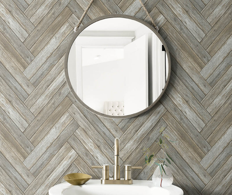 media image for Chevron Wood Peel-and-Stick Wallpaper in Taupe and Beige by NextWall 257