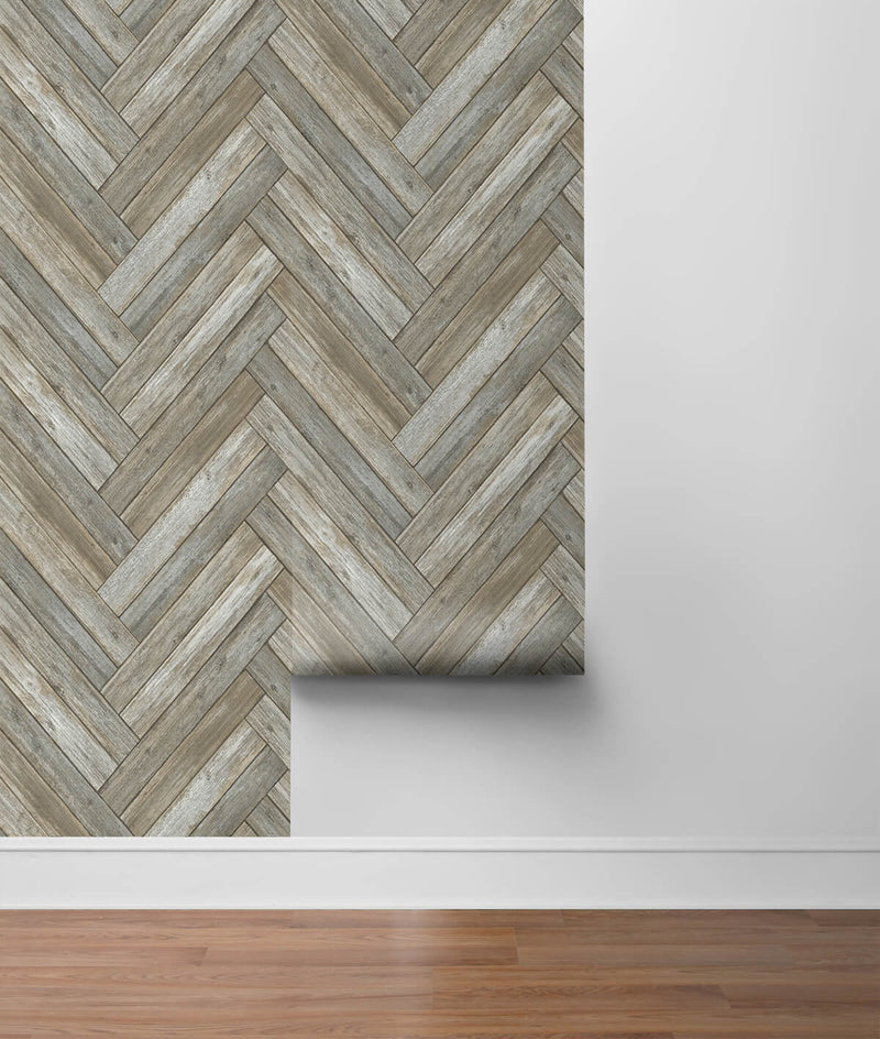 media image for Chevron Wood Peel-and-Stick Wallpaper in Taupe and Beige by NextWall 28