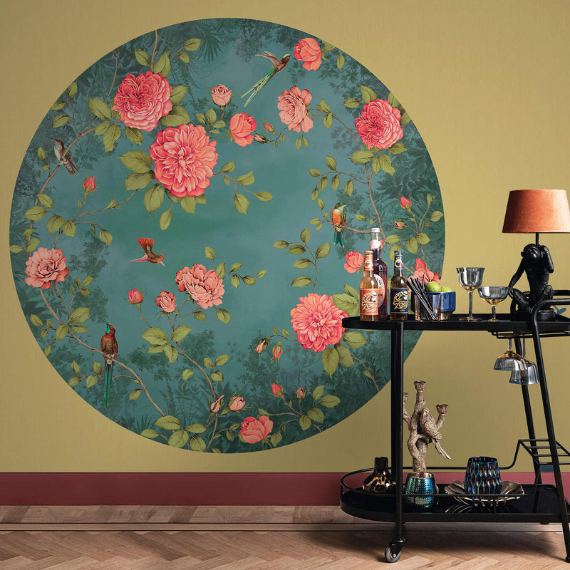 media image for Circular Chinoiserie Wall Mural in Turquoise by Walls Republic 24