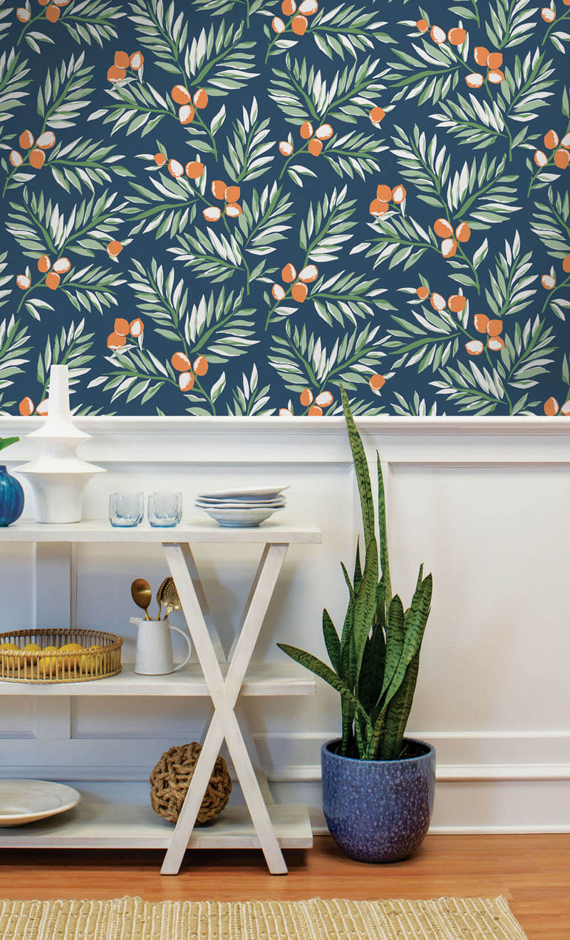 media image for Citrus Branch Peel-and-Stick Wallpaper in Navy, Sage, and Orange by NextWall 214