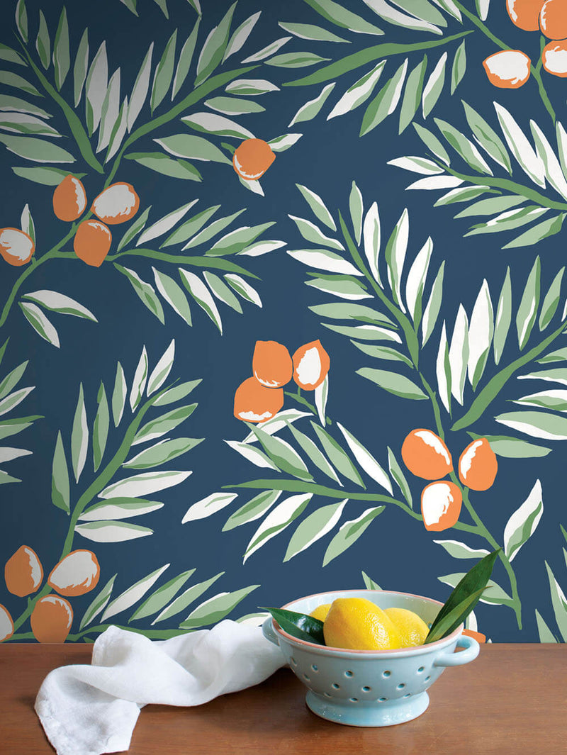 media image for Citrus Branch Peel-and-Stick Wallpaper in Navy, Sage, and Orange by NextWall 222