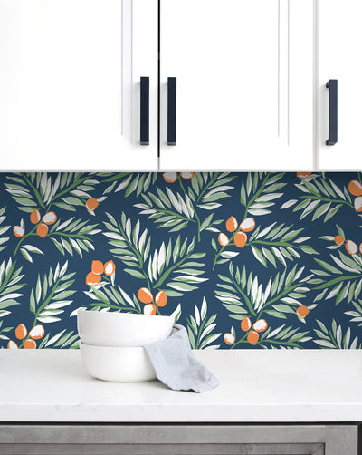 product image for Citrus Branch Peel-and-Stick Wallpaper in Navy, Sage, and Orange by NextWall 39