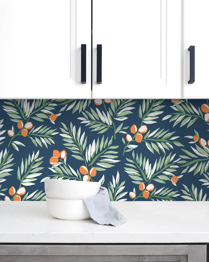 media image for Citrus Branch Peel-and-Stick Wallpaper in Navy, Sage, and Orange by NextWall 249