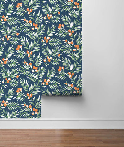 product image for Citrus Branch Peel-and-Stick Wallpaper in Navy, Sage, and Orange by NextWall 21