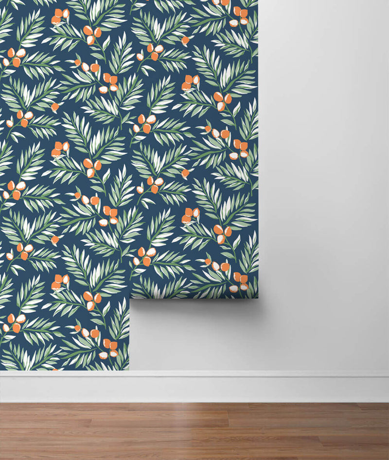 media image for Citrus Branch Peel-and-Stick Wallpaper in Navy, Sage, and Orange by NextWall 217
