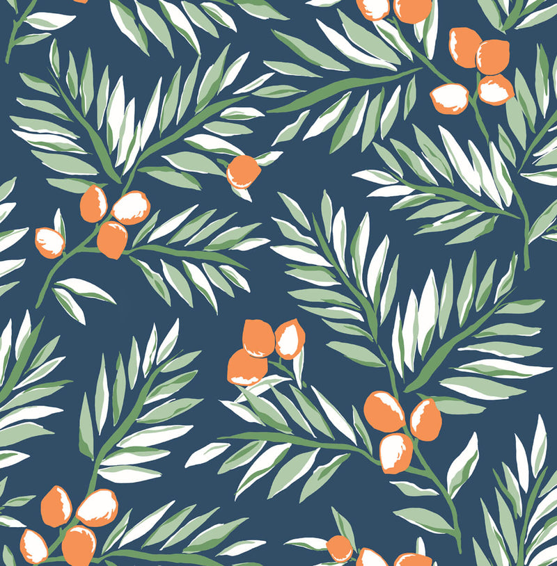 media image for sample citrus branch peel and stick wallpaper in navy sage and orange by nextwall 1 210